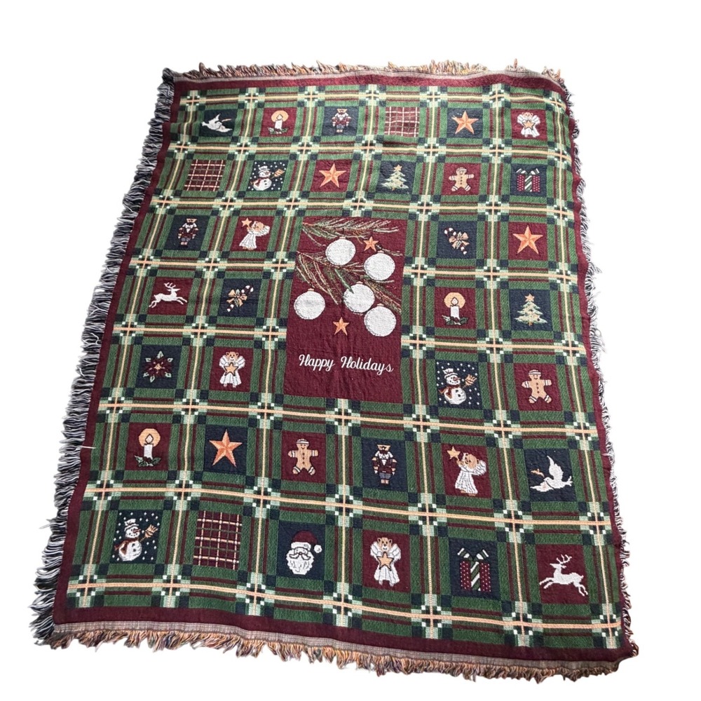 Vintage‎ Happy Holidays Woven Tapestry Throw Blanket Christmas Icons 56x68